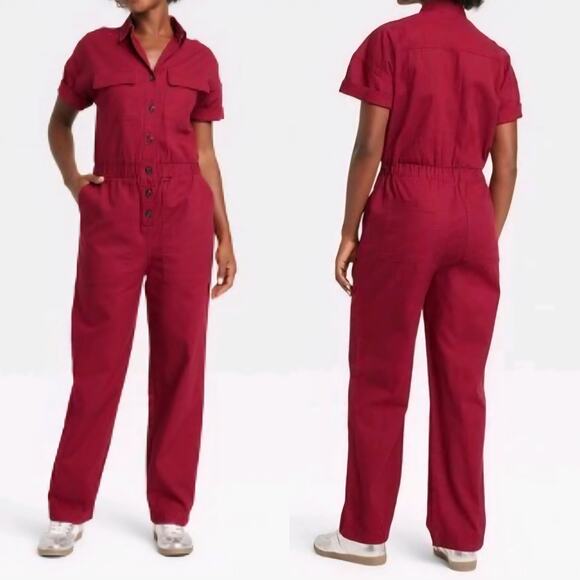 Universal Thread Pants - Universal thread Womens Short Sleeve Cotton Jumpsuit Boilersuit Burgundy Size 2